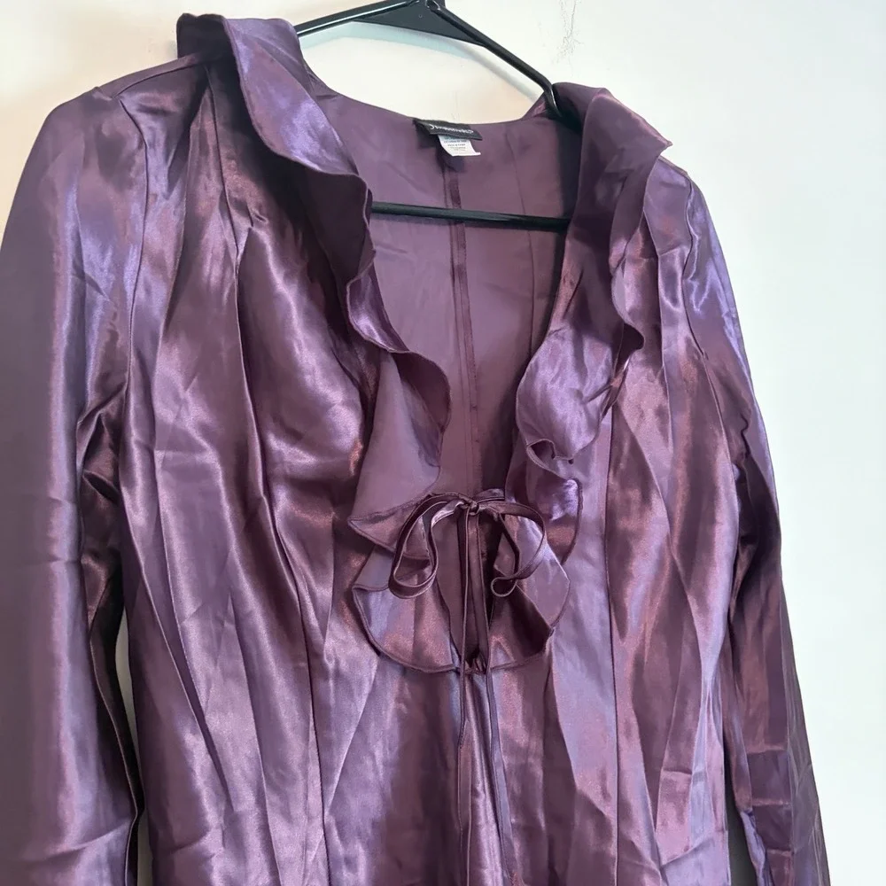 Fredericks Of Hollywood Plum Medium Nightgown Long Sleeve Ruffle Slit V Neck Tie